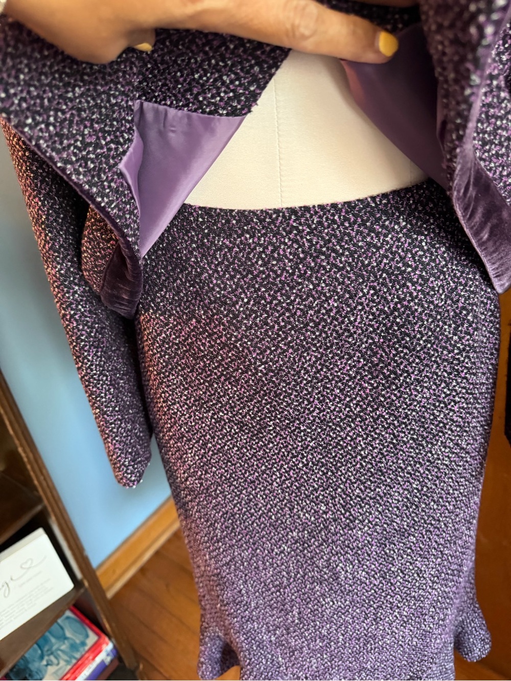 VTG Albert Nipon Classic Purple Tweed Women's Skirt Suit - Velvet Trim Sz 12 - Picture 6 of 12